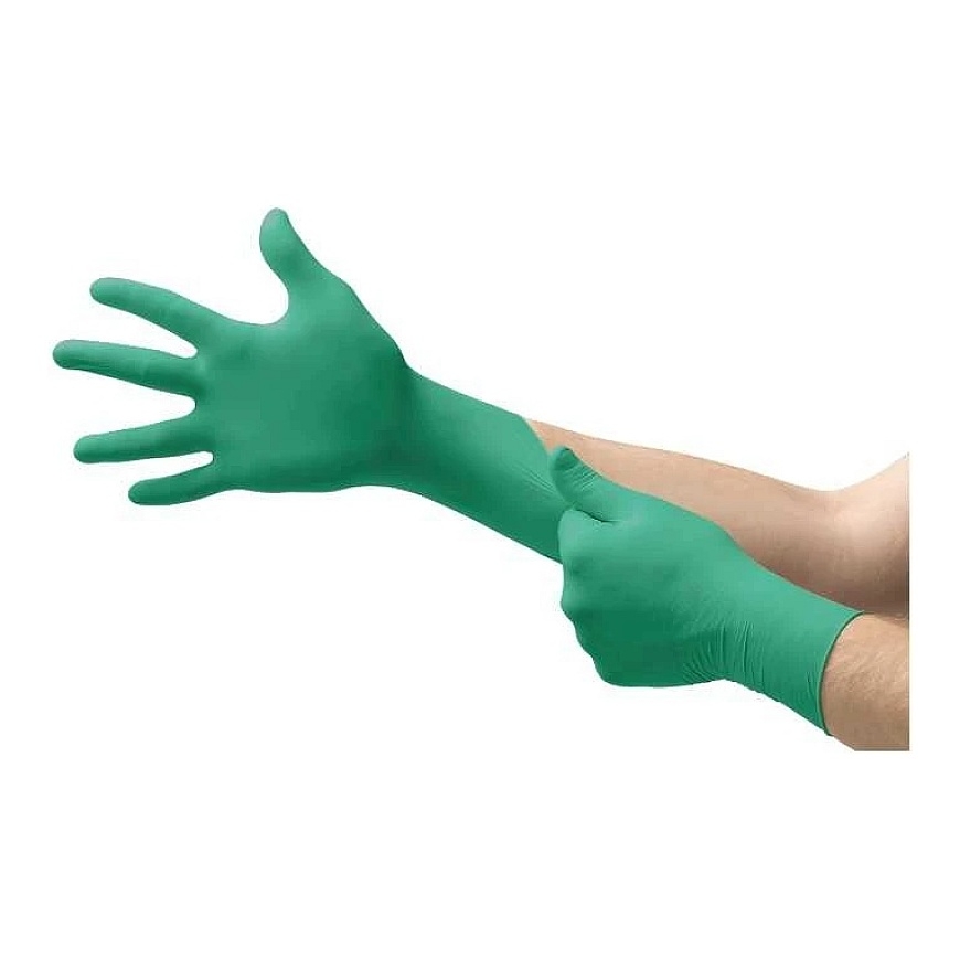 Vienreizējās nitrila cimdi Ansell TouchNTuff 92-600, 0,12 mm biezumā, M (7,5-8), gluda plauksta, zaļi, 20 gab. kastē – 2