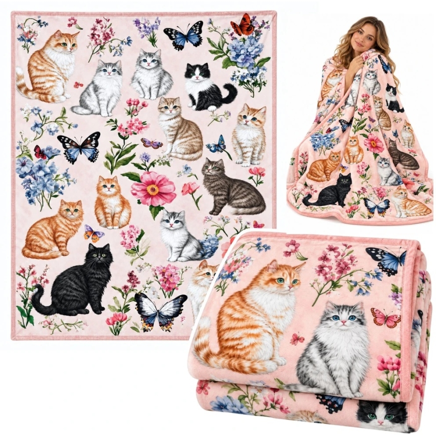 Lean Blanket with Cat and Flower Pattern, Multicolored, 150 x 100 cm – 2