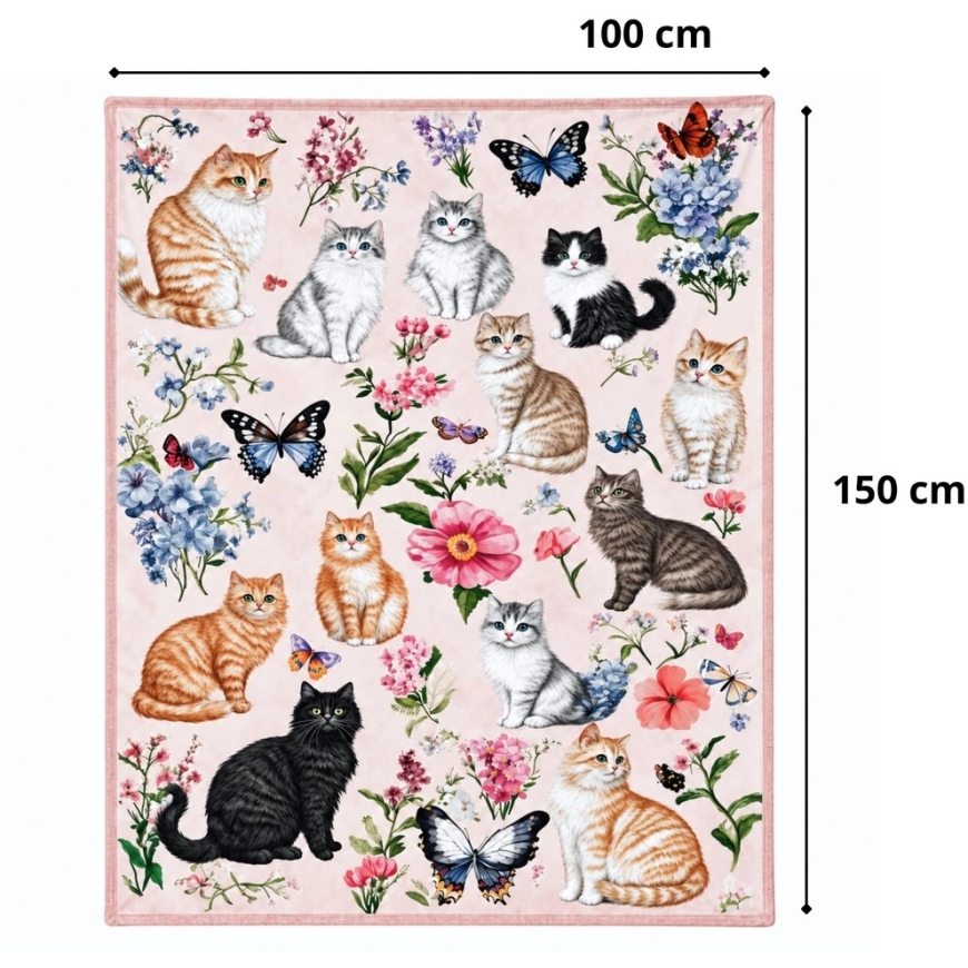 Lean-peitto kissojen ja kukkien kuviolla, monivärinen, 150 x 100 cm – 3