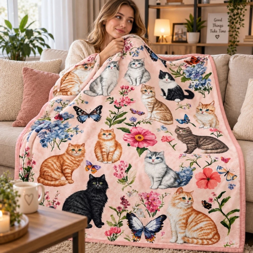 Lean tekk kasside ja lillede mustriga, mitmevärviline, 150 x 100 cm – 4