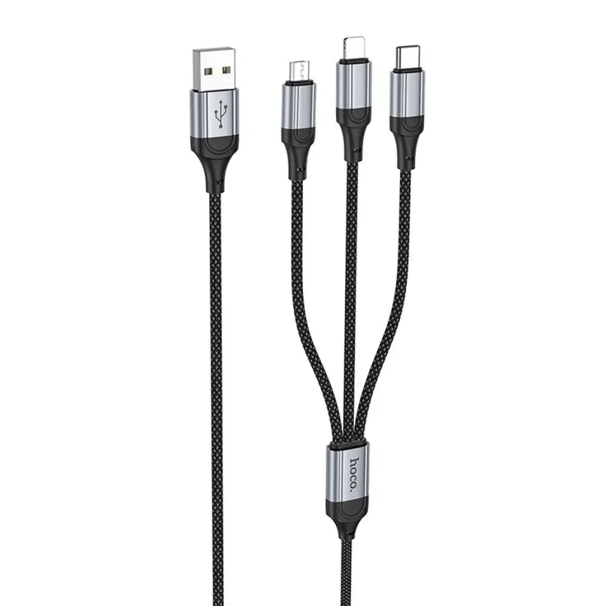 Hoco X102 3-in-1 duomenų perdavimo ir įkrovimo laidas | USB-A į Lightning, Micro USB, USB-C | 12W | 1m | juodas