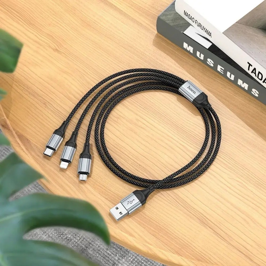 Hoco X102 3-in-1 провод для передачи данных и зарядки | USB-A на Lightning, Micro USB, USB-C | 12W | 1m | чёрный – 3