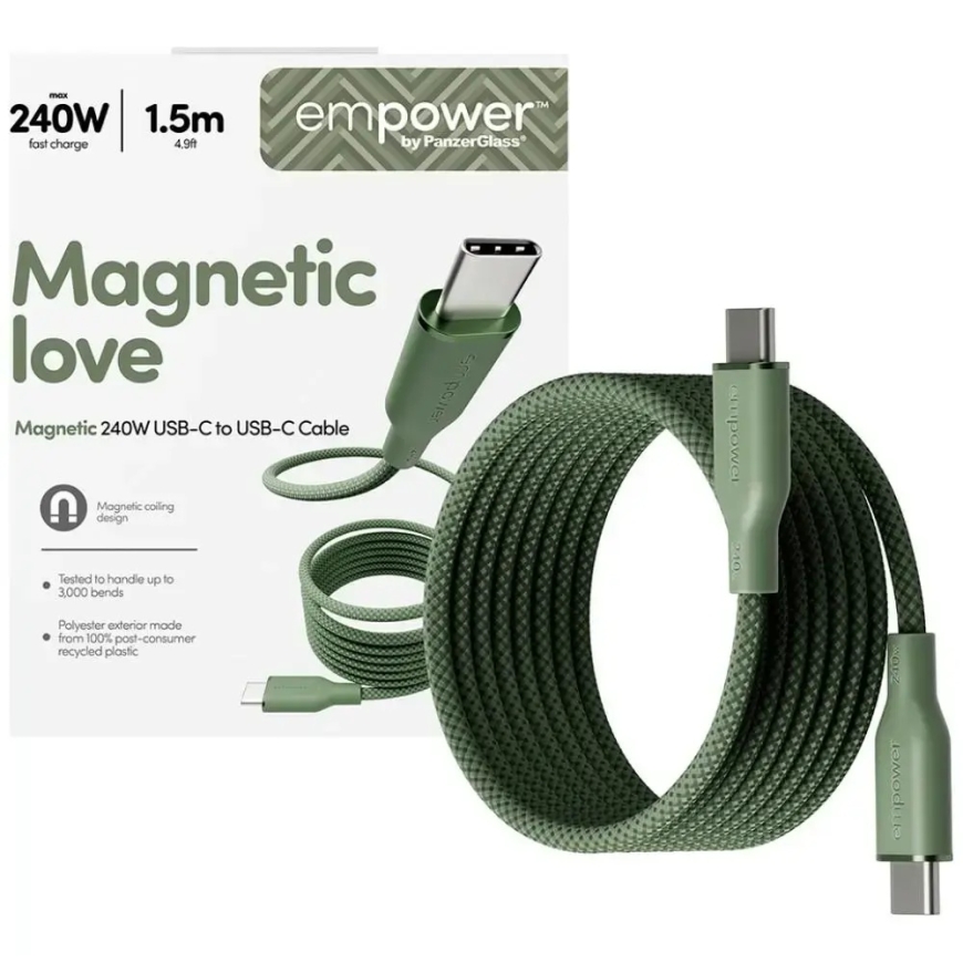 PanzerGlass Magneettinen tiedonsiirto- ja latauskaapeli | USB-C - USB-C | 240W | 1,5 m | vihreä