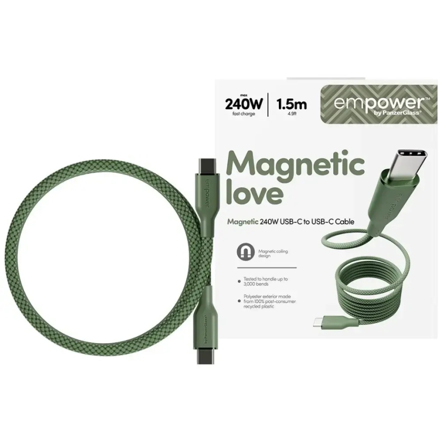PanzerGlass Magneettinen tiedonsiirto- ja latauskaapeli | USB-C - USB-C | 240W | 1,5 m | vihreä – 5
