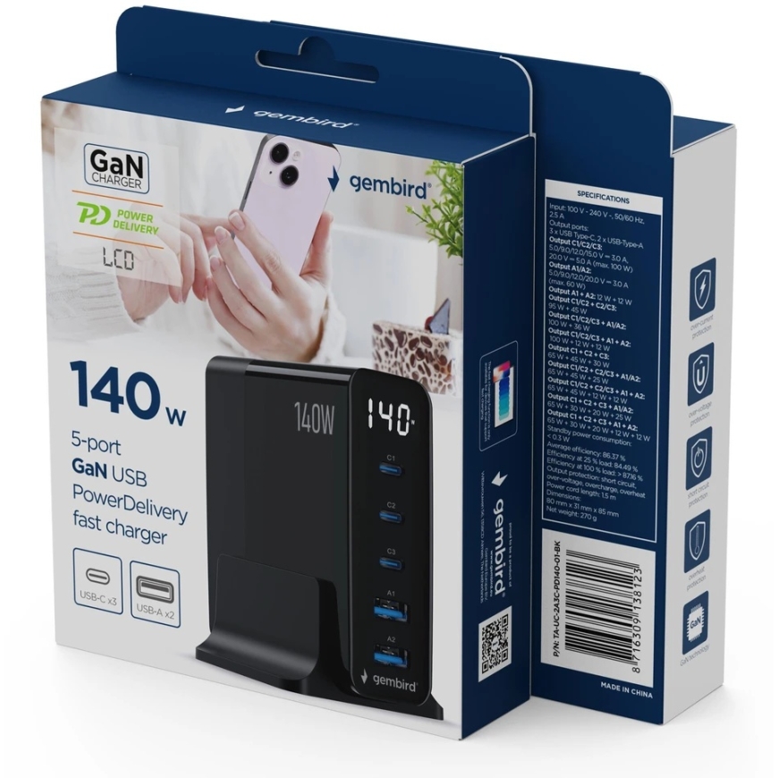 GEMBIRD 5-porttinen 140 W GaN USB-nopea laturi musta – 4