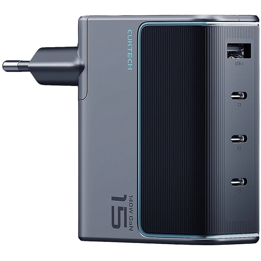Cuktech AD1404UEU 140W GaN 3x USB-C + USB-A sienas lādētājs ar USB-C kabeli – pelēks