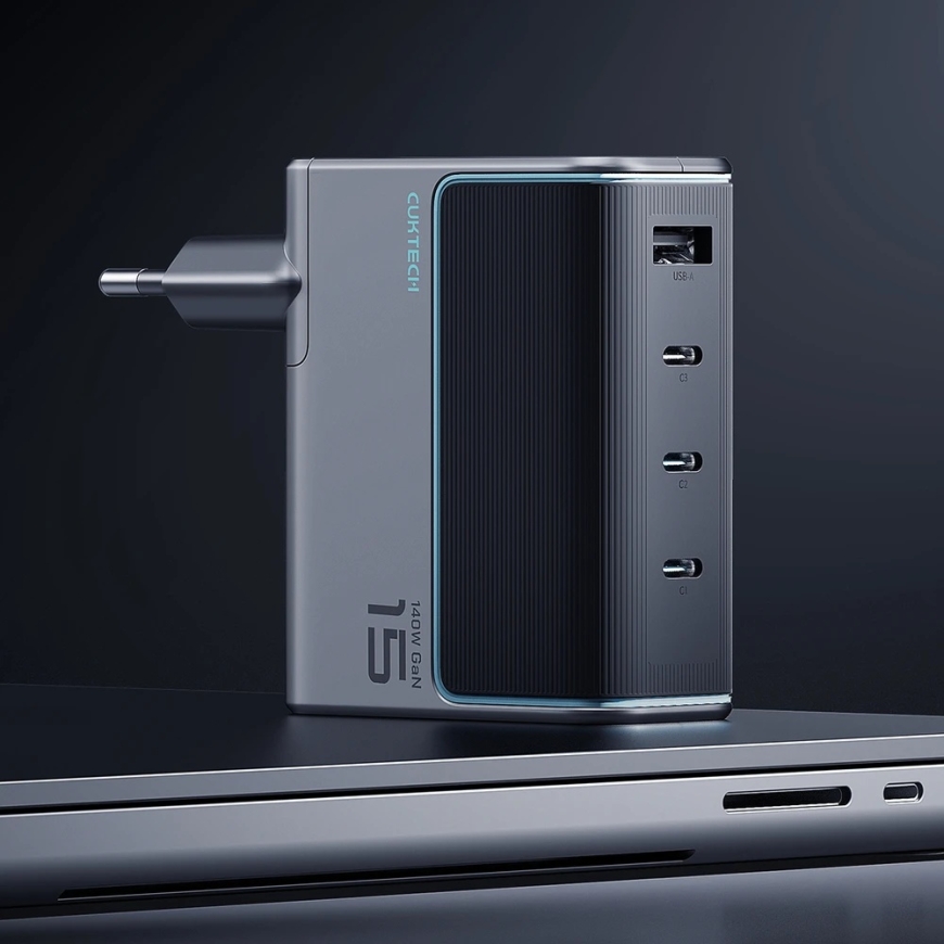Cuktech AD1404UEU 140W GaN 3x USB-C + USB-A настенное зарядное устройство с USB-C кабелем – серый – 3