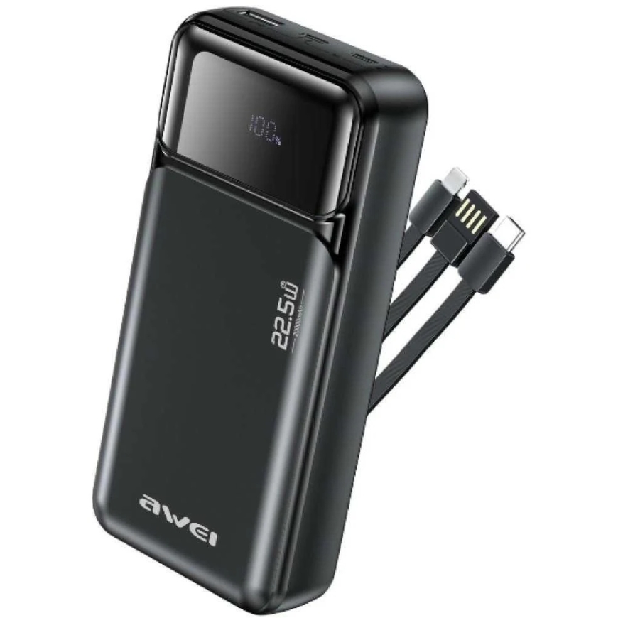 Внешний аккумулятор Awei PA-93 20000mAh 22,5W PD 2xUSB-C + кабель черного цвета