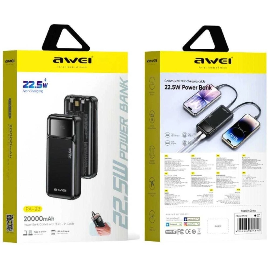 Внешний аккумулятор Awei PA-93 20000mAh 22,5W PD 2xUSB-C + кабель черного цвета – 2