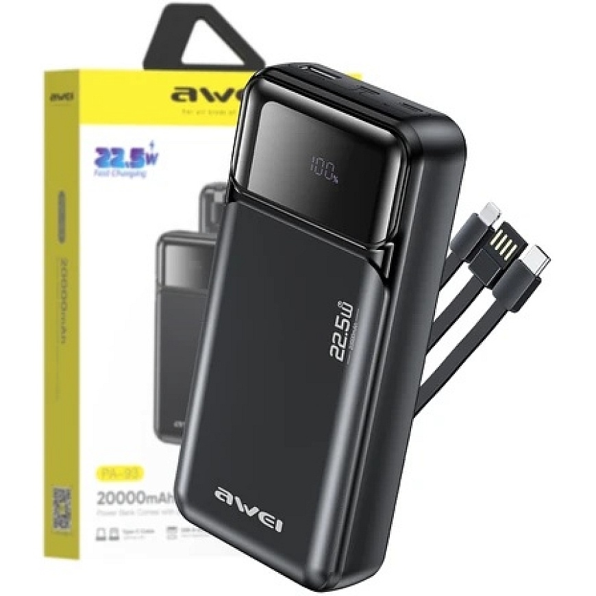 Väline aku Awei PA-93 20000mAh 22,5W PD 2xUSB-C + kaabel must – 4