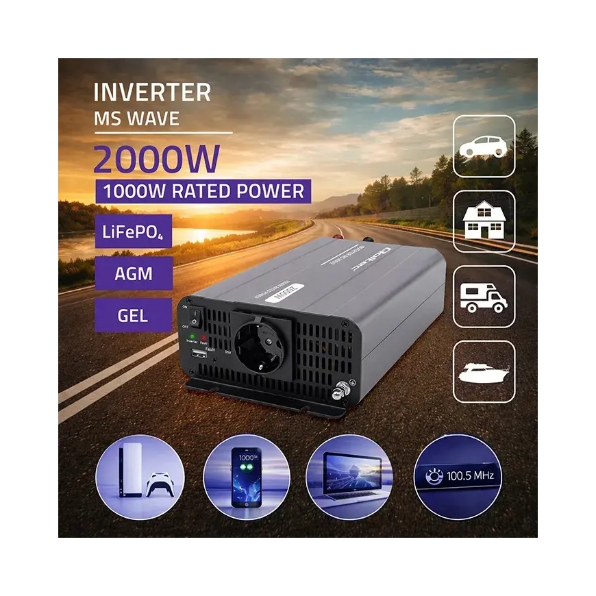 Qoltec MS Wave Pingeconverter | 12V kuni 230V | 1000/2000W | USB | Ühildub LiFePO4, GEL ja AGM akudega – 2