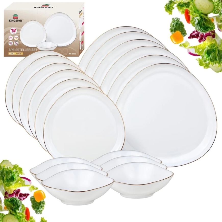 King Hoff Trauku un Glāžu komplekts, 18 gab. (vakariņām, desertam, zupām), opāls, balts ar zelta dekori, kinghoff, kh-2036 – 3
