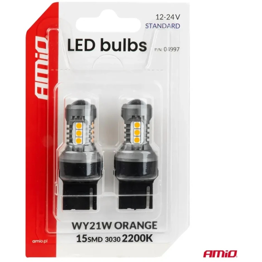 Светодиодные лампочки стандарт 7440 WY21W 3030 15SMD оранжевые 12V 24V amio-04997 – 4