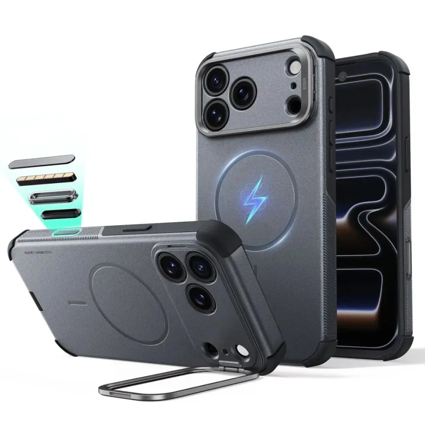ESR CYBER TOUGH phone case with stand and MagSafe support for iPhone 17 Pro | iPhone 18 Pro gray