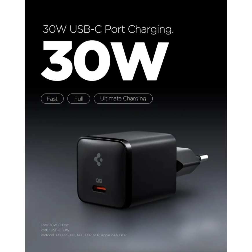 Зарядное устройство Spigen Essential 30W, EE301EU, полностью черное – 3