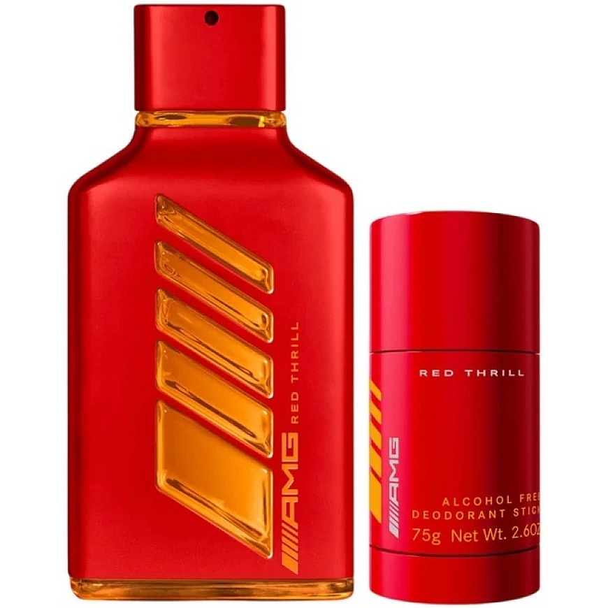 Komplekts Mercedes-Benz: AMG Sarkanā Thrill Eau De Parfum vīriešiem, 100 ml + AMG Sarkanā Thrill dezodorants kociņš vīriešiem, 7