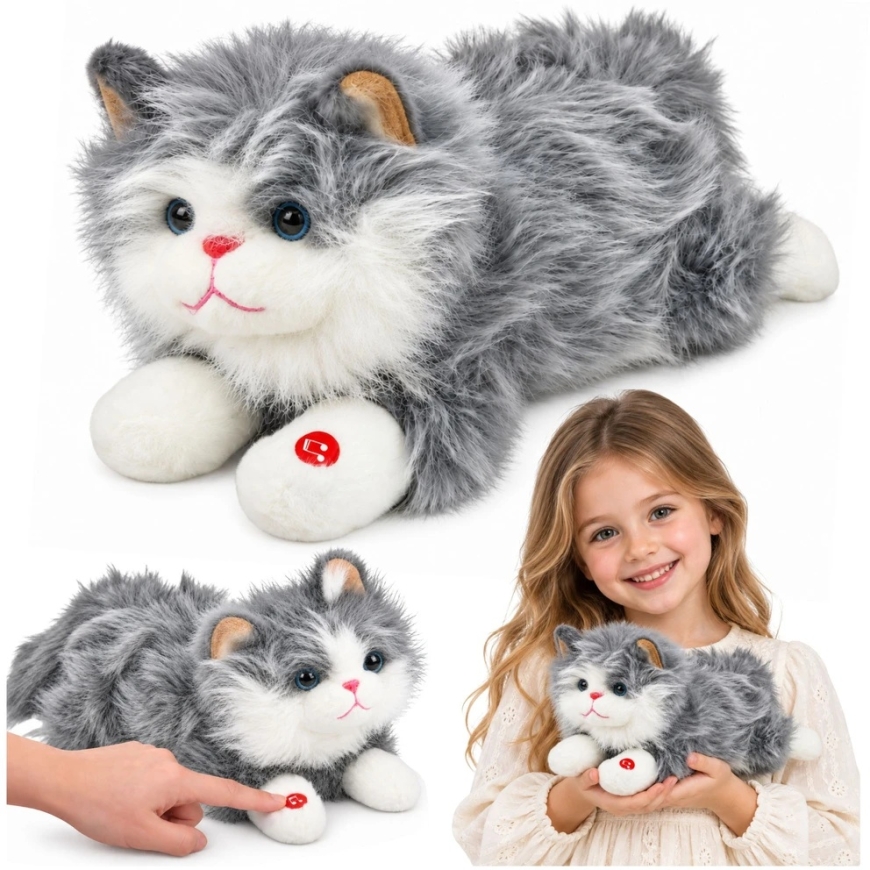 Lean Toys Plush Cat with Meowing Sounds, Gray and White, 40 × 18 × 16 cm – 2