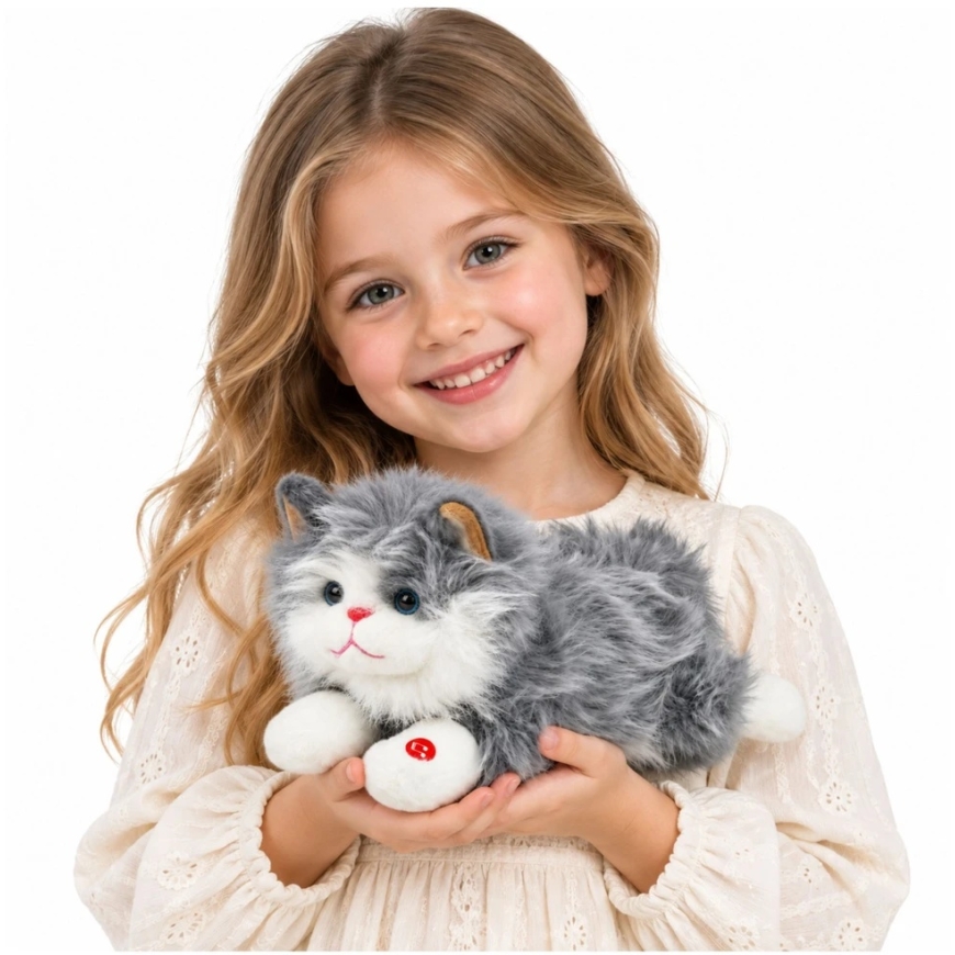 Lean Toys Pliušinis katinas su kniaukimo garsais, pilkas ir baltas, 40 × 18 × 16 cm – 3