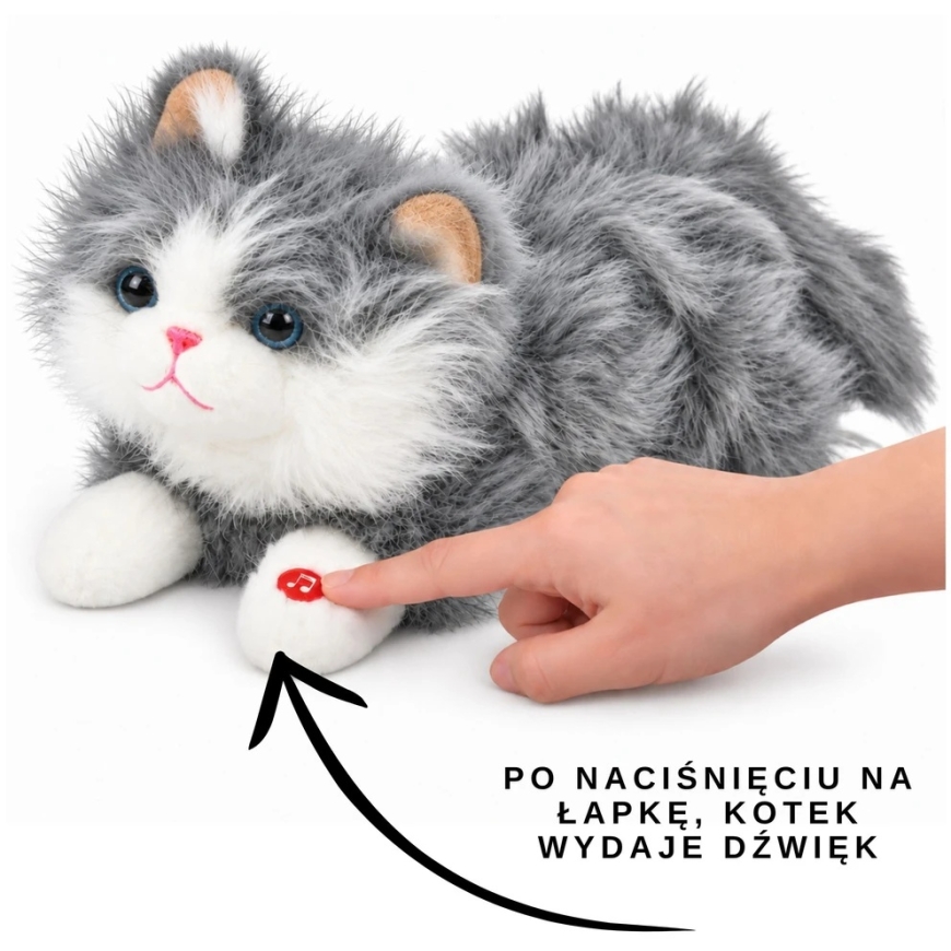 Lean Toys Pliušinis katinas su kniaukimo garsais, pilkas ir baltas, 40 × 18 × 16 cm – 4