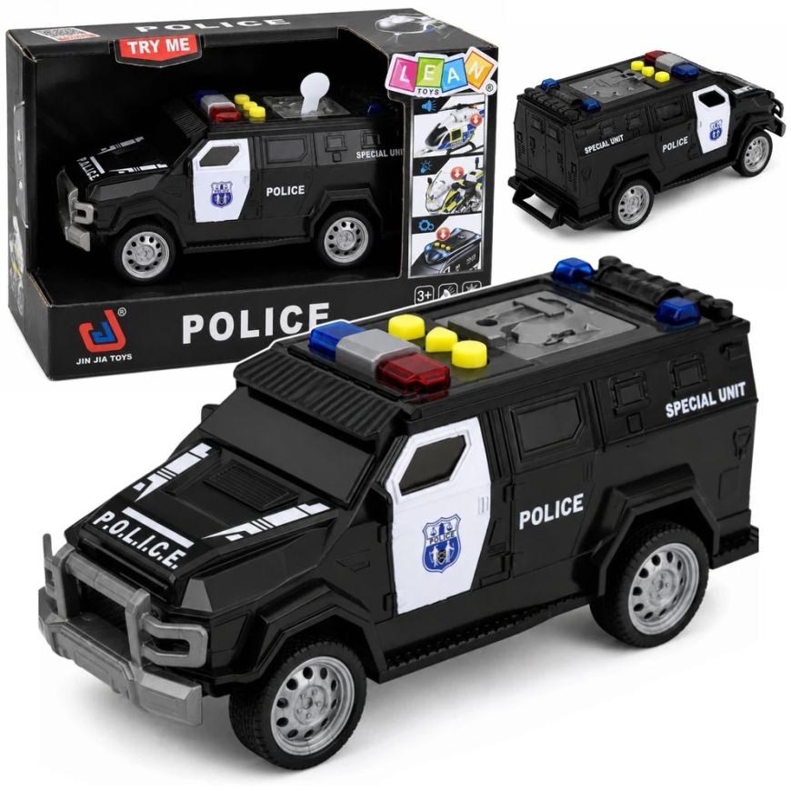 Lean Toys Toy Special Forces Police Car with Light and Sound Effects, Black and White, 15 × 6.5 × 6.5 cm