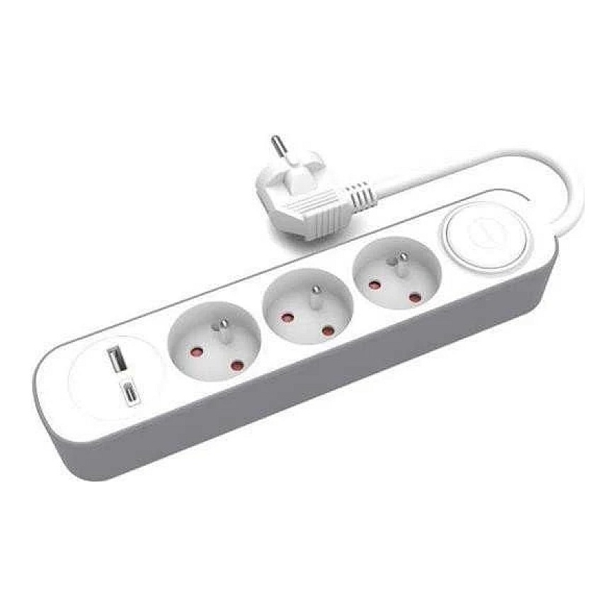 Пластрол удлинитель на 3 выхода с выключателем и USB-A и USB-C портами