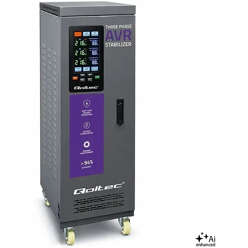 Qoltec Trifazis įtampos stabilizatorius AVR MULTIPROTECTION | 40kVA | Tikslumas ± 3% | Servovariklis 3F | LCD | Expert Line