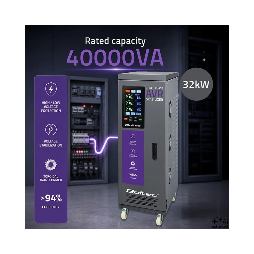 Qoltec Kolmefaasiline Pingestabilisator AVR MULTIPROTECTION | 40kVA | Täpsus ± 3% | Servomootor 3F | LCD | Expert Line – 3