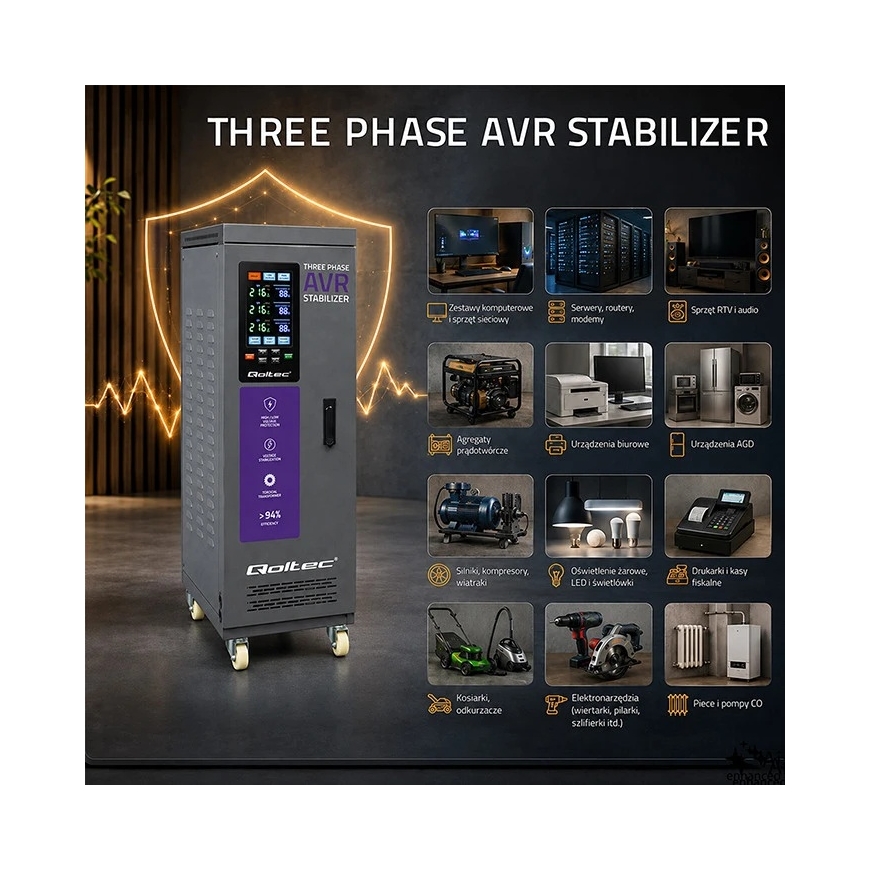 Qoltec Trifazis įtampos stabilizatorius AVR MULTIPROTECTION | 40kVA | Tikslumas ± 3% | Servovariklis 3F | LCD | Expert Line – 4
