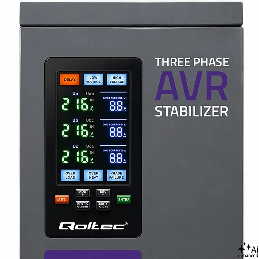 Qoltec Three-Phase Voltage Stabilizer AVR MULTIPROTECTION | 40kVA | Accuracy ± 3% | Servo Motor 3F | LCD | Expert Line – 5