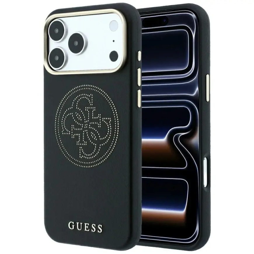 Guess Perforated 4G Gold Logo phone case with MagSafe support for iPhone 18 Pro | iPhone 17 Pro black