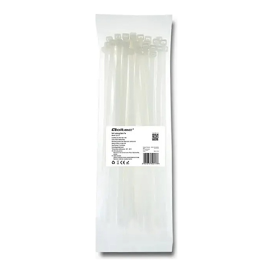 Qoltec Itsestään lukittuva kaapelikiristin | 7.2*300mm | 50 kpl | Nylon66 | UV | Valkoinen