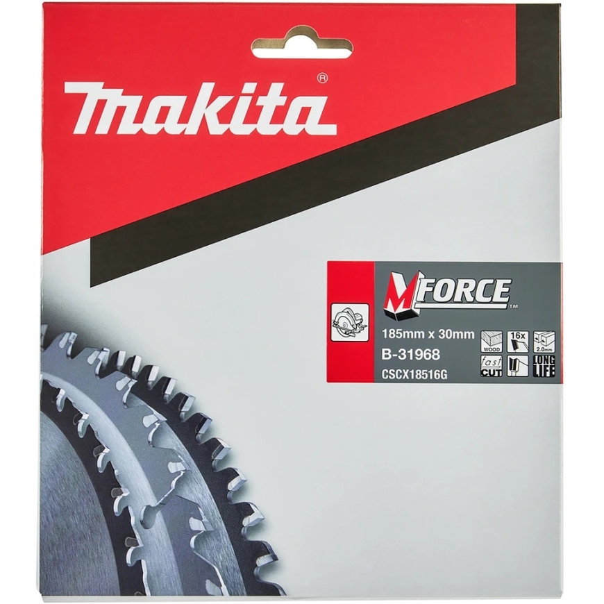 Makita T.C.T. saha M-FORCE 185X2X30mm 15° T16 B-31968 T.C.T • 185 x30 mm • T16 • 15° • Puulle – 2