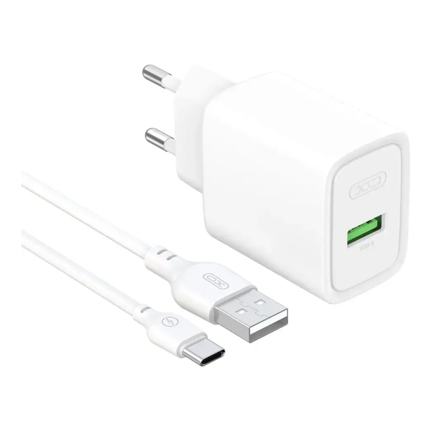 XO CE50 kelioninis įkroviklis | 18W | QC | USB-A, USB-C | su USB-C laidu komplekte | baltas