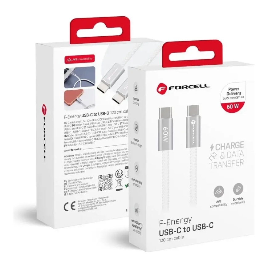 Forcell F-Energy Cafule Flat CCFN23 data transfer and charging cable | USB-C to USB-C | QC 4.0, PD | 60W | 1.2m | white