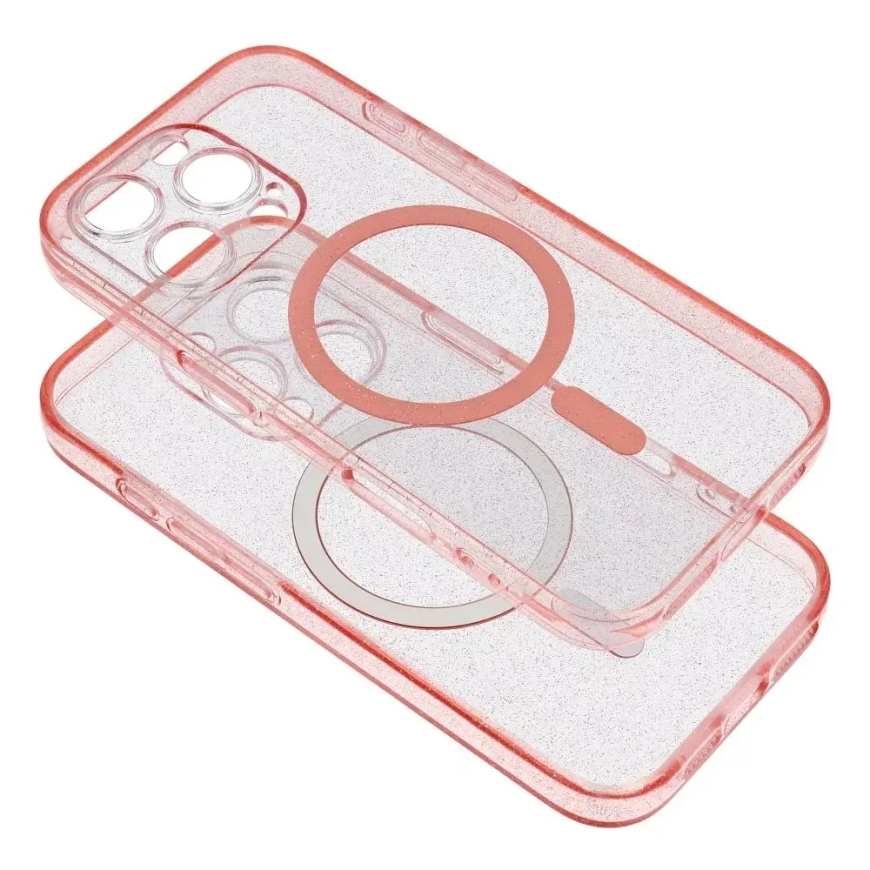 iPhone 15 Clear Mag Cover dėklas, suderinamas su MagSafe (kameros apsauga), rožinė blizgučia