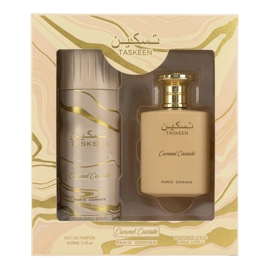 Set Paris Corner: Taskeen Caramel Cascade Eau De Parfum Unisex, 100 ml + Taskeen Caramel Cascade Dezinficējošais aerosols Unisex – 2