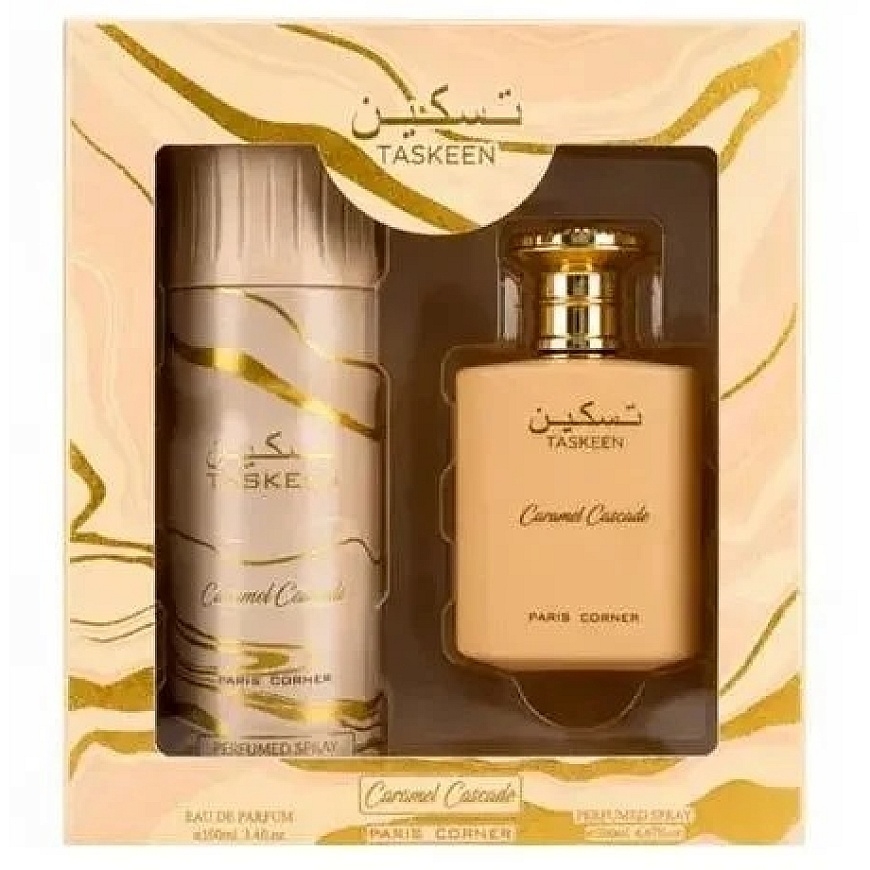 Set Paris Corner: Taskeen Caramel Cascade Eau De Parfum Unisex, 100 ml + Taskeen Caramel Cascade Dezodorantas Purškiklis Unisex, – 3