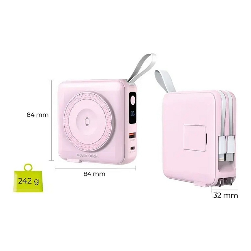 Mobile Origin PowerBank un ceļojumu lādētājs, Lightning/USB-C kabelis, saderīgs ar MagSafe/AW/iPhone, rozā – 5