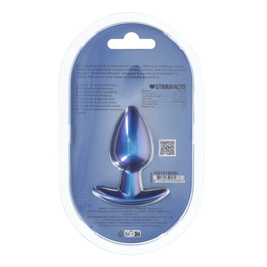 Ouch By Shots Smooth Silicone Anal Plug - Medium - 3.1 / 7,9 cm - Metallic mėlyna – 2
