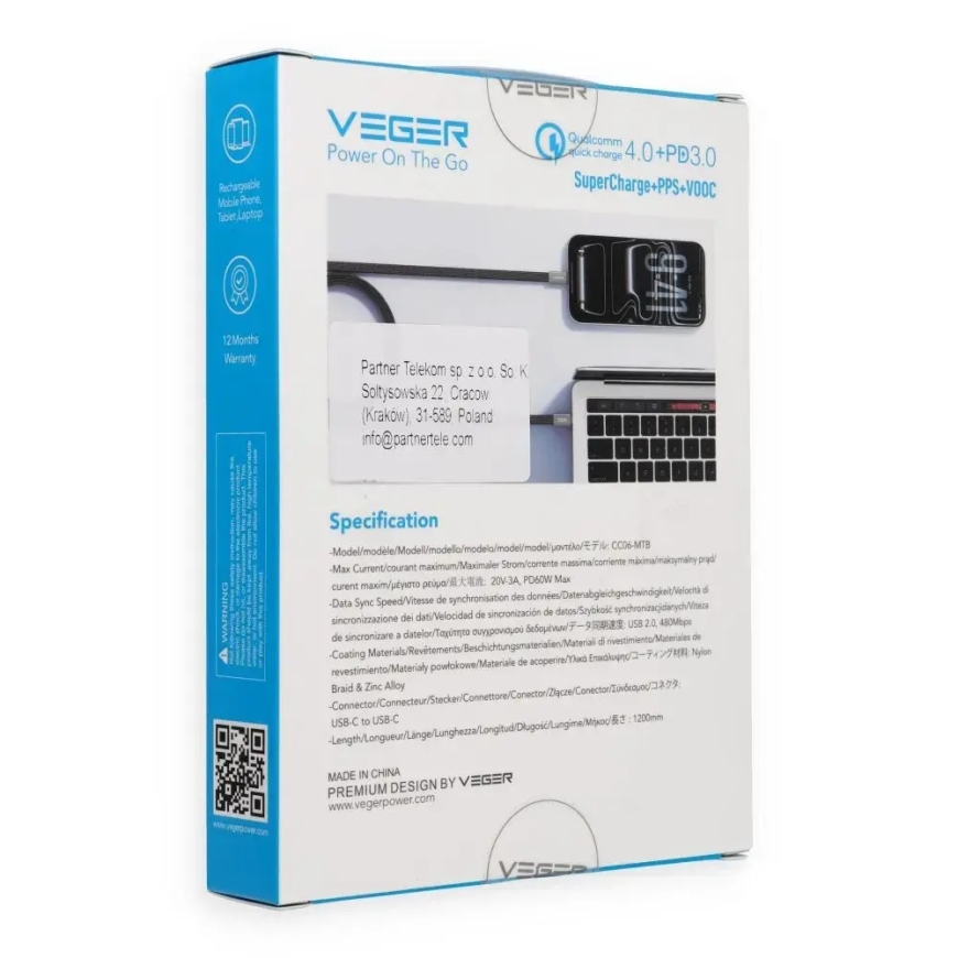 Veger CC06-MTB data transfer and charging cable | USB-C to USB-C | PD | 60W | 1.2m | black – 3