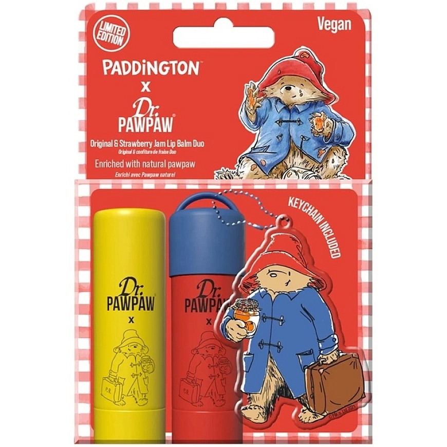Komplekts Dr. PawPaw: Paddington Bear Original Balm Vegan Lūpų balzams, 4 g + Strawberry Jam Mitrinošs Lūpų balzams, 4 g + Paddi