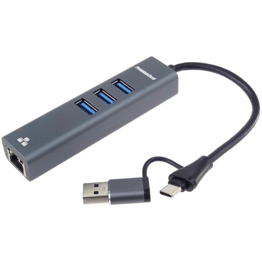 „PremiumCord“ adapteris USB-C į USB-A gigabito 10/100/1000 Mbps šakotuvas + 3 USB 3.2 jungtys – 3