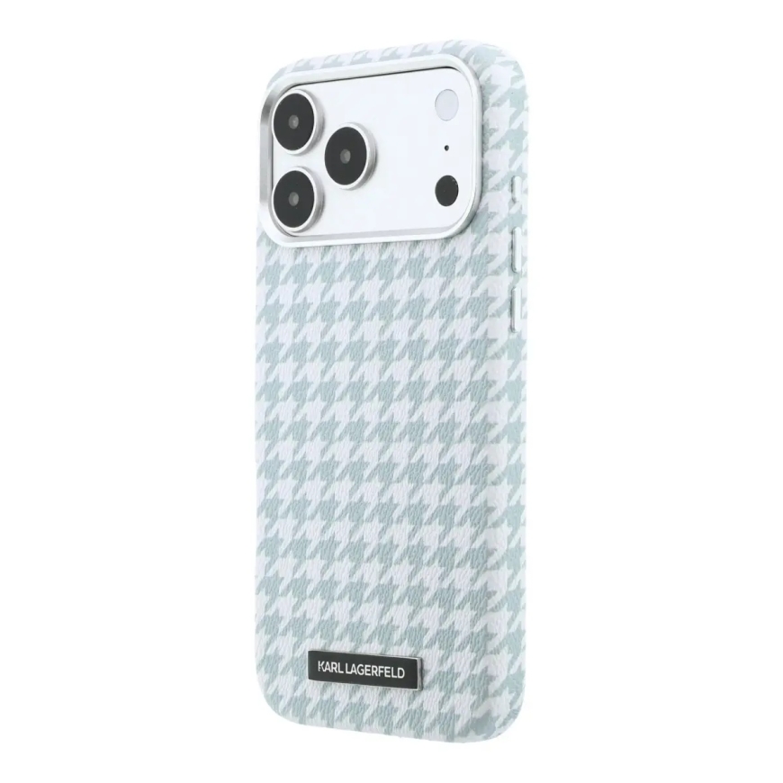 Karl Lagerfeld PU Houndstooth Resin Plate telefono dėklas su MagSafe palaikymu iPhone 17 Pro Max mėlynas