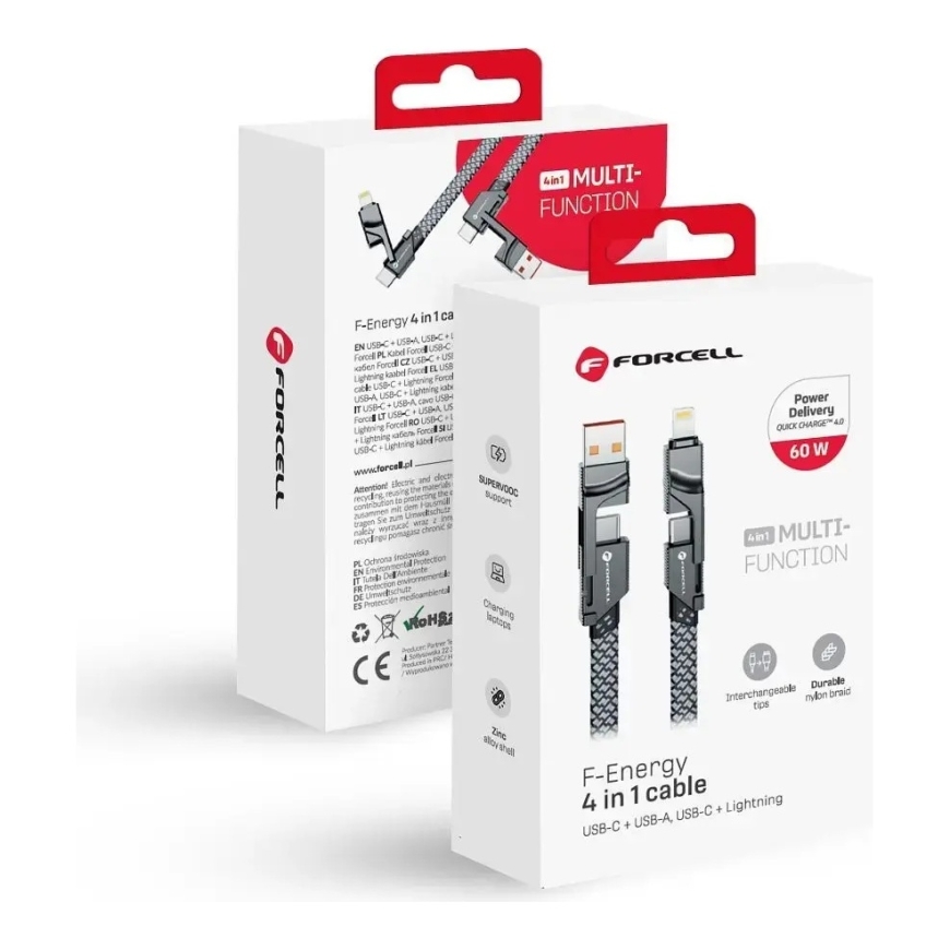Forcell F-Energy C241 4-in-1 datu pārraides un uzlādes vads | USB-C uz USB-A, USB-C, Lightning | QC, PD | 60W | 1m | sudraba krā