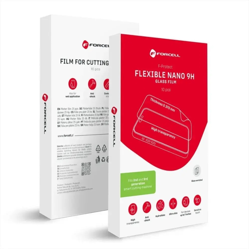 Hibrīda nano stikla plēve griešanas mašīnām 2. un 3. paaudzei. Forcell F-Protect Elastīgais NANO 9H 0,37 mm 196 x 125 mm 10 gab.