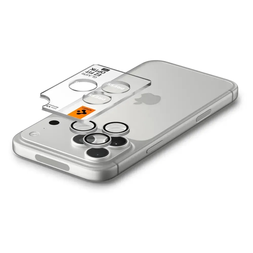 Spigen Glas.tR EZ Fit Optik Pro kaamera kaitseklaas telefonile iPhone 18 Pro | iPhone 18 Pro Max hõbedane paigaldusraamiga (2 tk – 4
