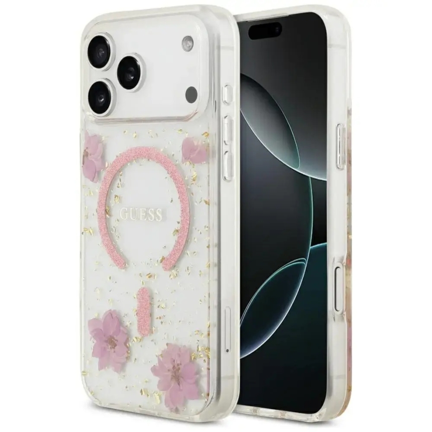 Guess Resin Flowers Glitter MagSafe Case for iPhone 18 Pro Max / 17 Pro Max – Pink