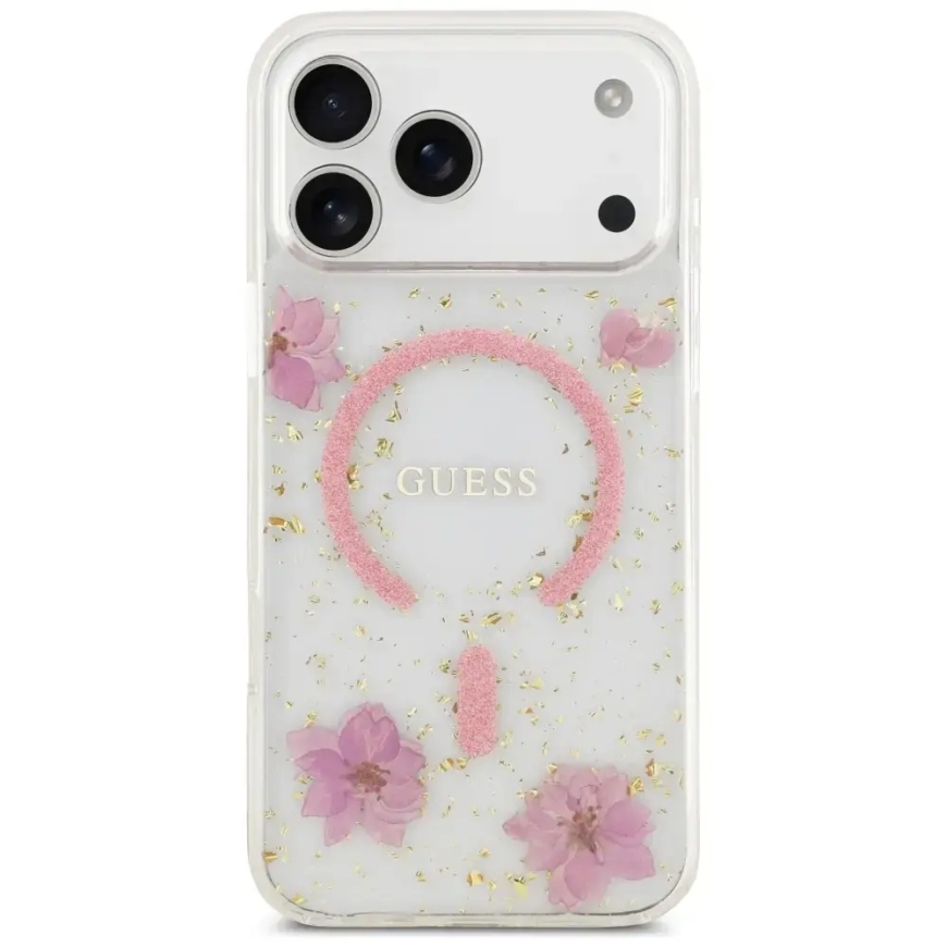 Чехол Guess из смолы с цветами и блестками MagSafe для iPhone 18 Pro Max / 17 Pro Max – Розовый – 3