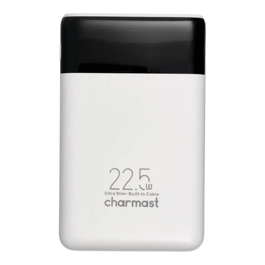 Charmast W1202 ārējais akumulators (powerbank) | 10 000 mAh | 22.5W | PD | USB-C, Lightning | LED ekrāns | balts