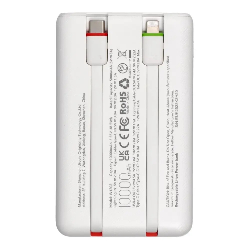 Charmast W1202 väline akupank (powerbank) | 10 000 mAh | 22.5W | PD | USB-C, Lightning | LED ekraan | valge – 2
